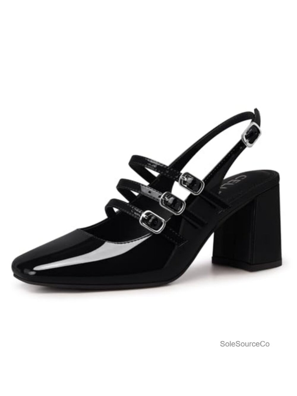 Women's Slingback Pumps with Chunky Heel, Adjustable Ankle Strap, Faux Leather